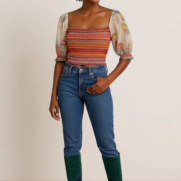 Alice + Olivia Arnella Smocked Crop Top Multicolor Boho Puff Sleeve Blouse S/P - Picture 1 of 4